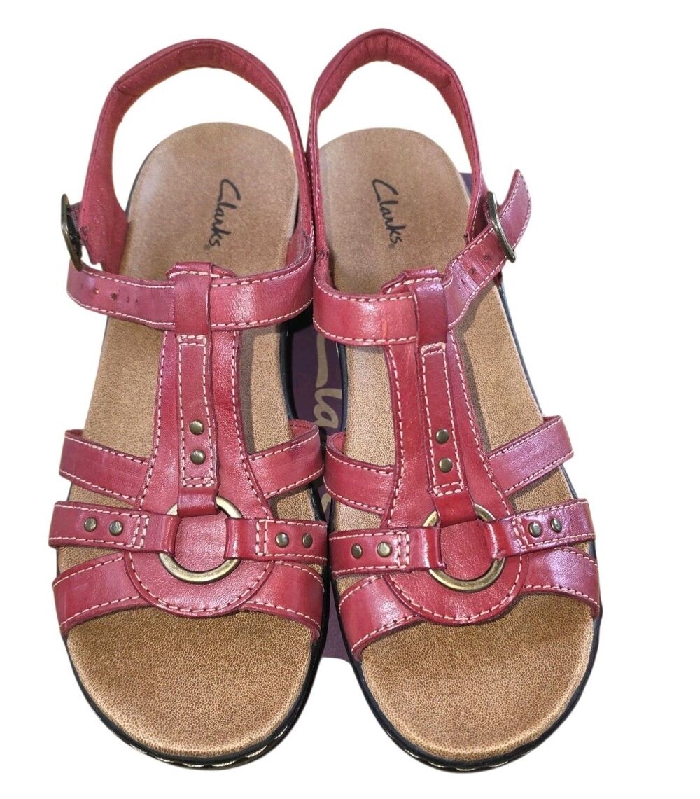 Clark's Lexi Sumac Sandals Size 9W Red Leather Wedge Shoes New With Box